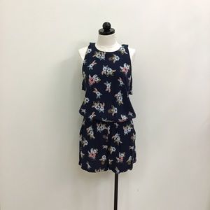 LOFT Navy Floral Print Sleeveless Shorts Romper with Ruffles, Size M